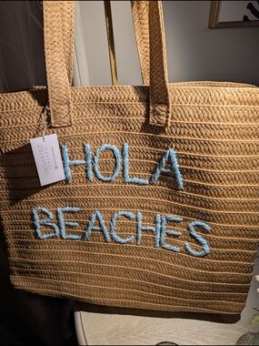 Straw Tote Bag - HOLA BEACHES Embroidery - Natural Tan NWT